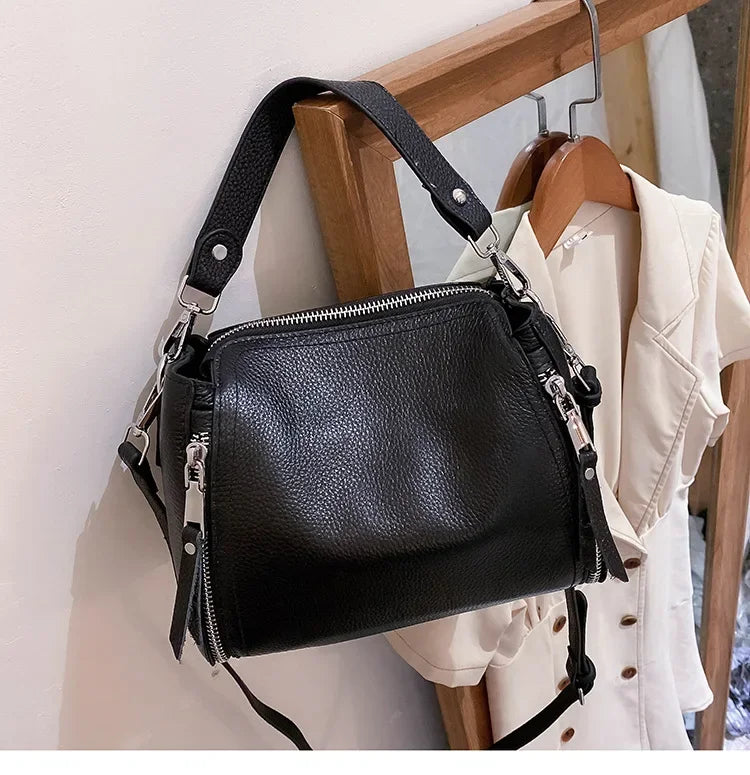 Petit sac à main noir femme en similicuir, fermeture éclair