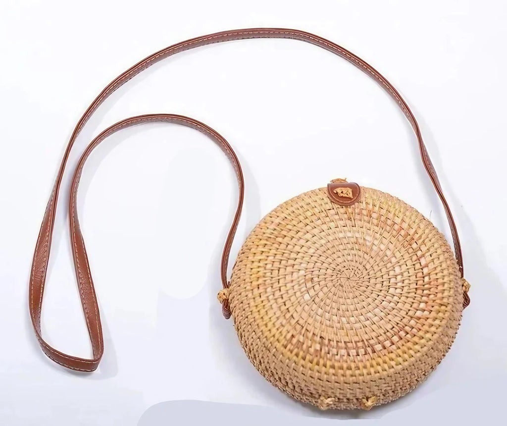 Sac rond en paille femme, bandoulière réglable, 17 cm