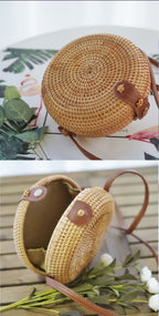 Sac rond en paille femme, bandoulière réglable, 17 cm