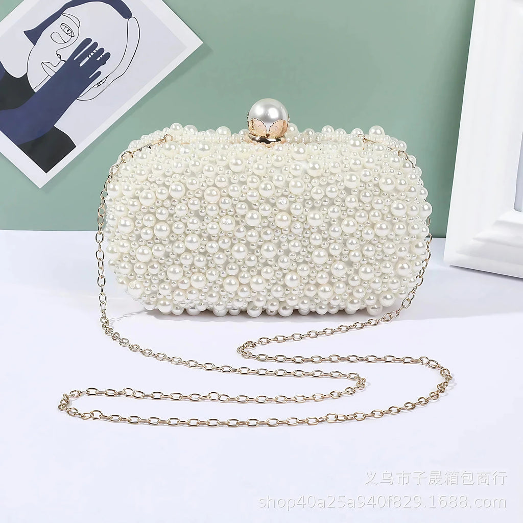 Pochette minaudière à perles nacrées, chaîne amovible, crème