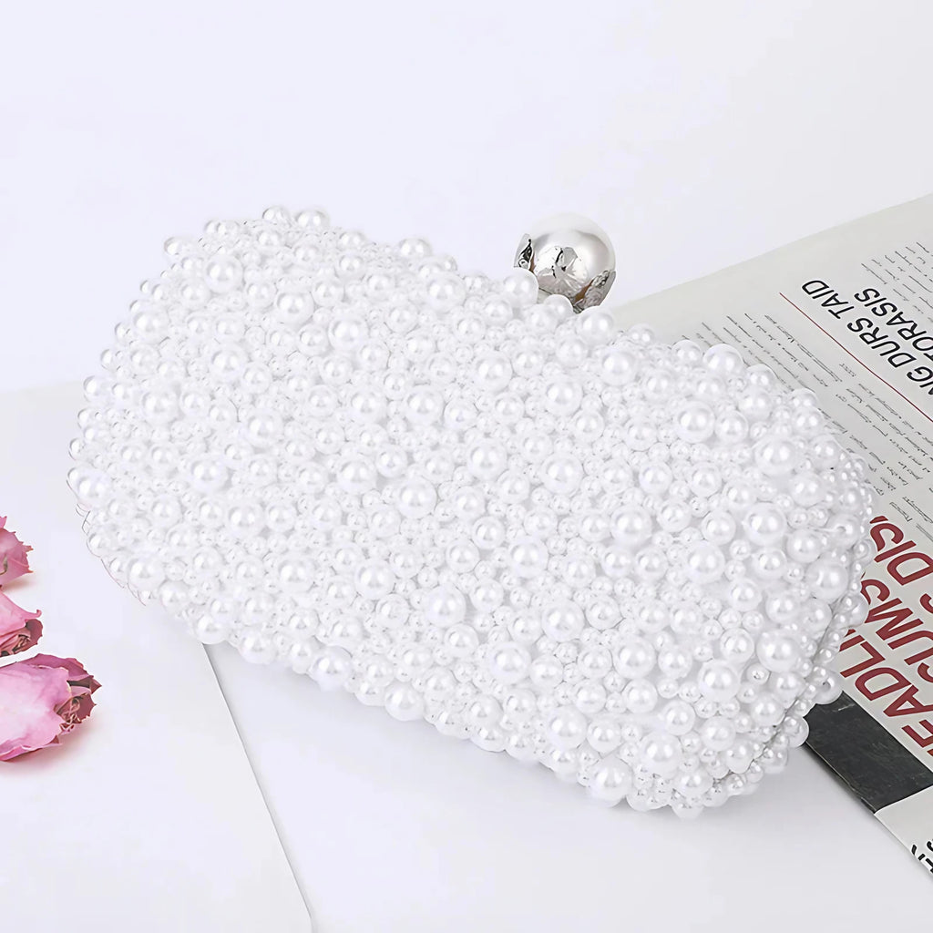Pochette minaudière à perles nacrées, chaîne amovible, blanc
