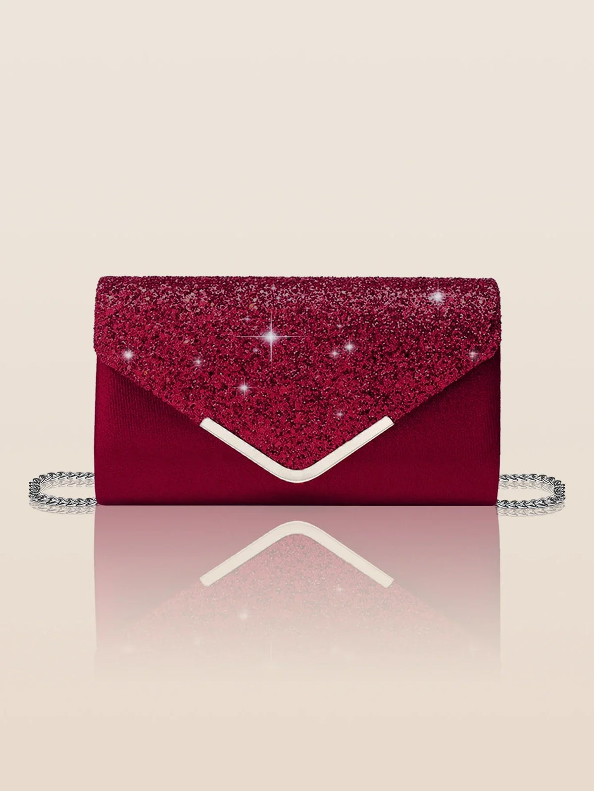 Pochette de mariage scintillante, forme enveloppe, huit coloris, rouge framboise