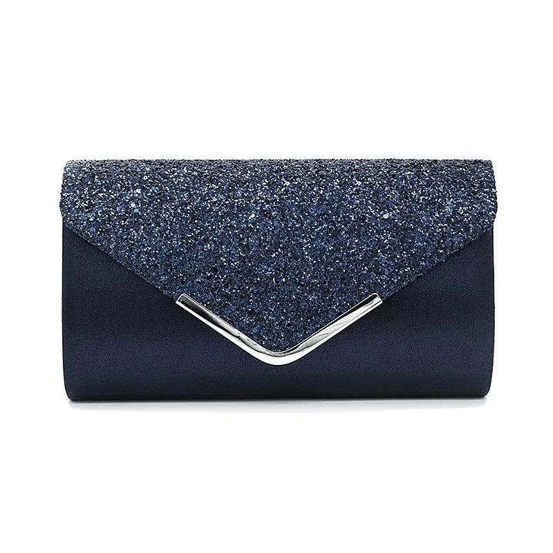 Pochette de mariage scintillante, forme enveloppe, huit coloris, bleu nuit