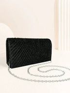 Pochette de soirée femme effet plissé, chaîne amovible, trois coloris, noir