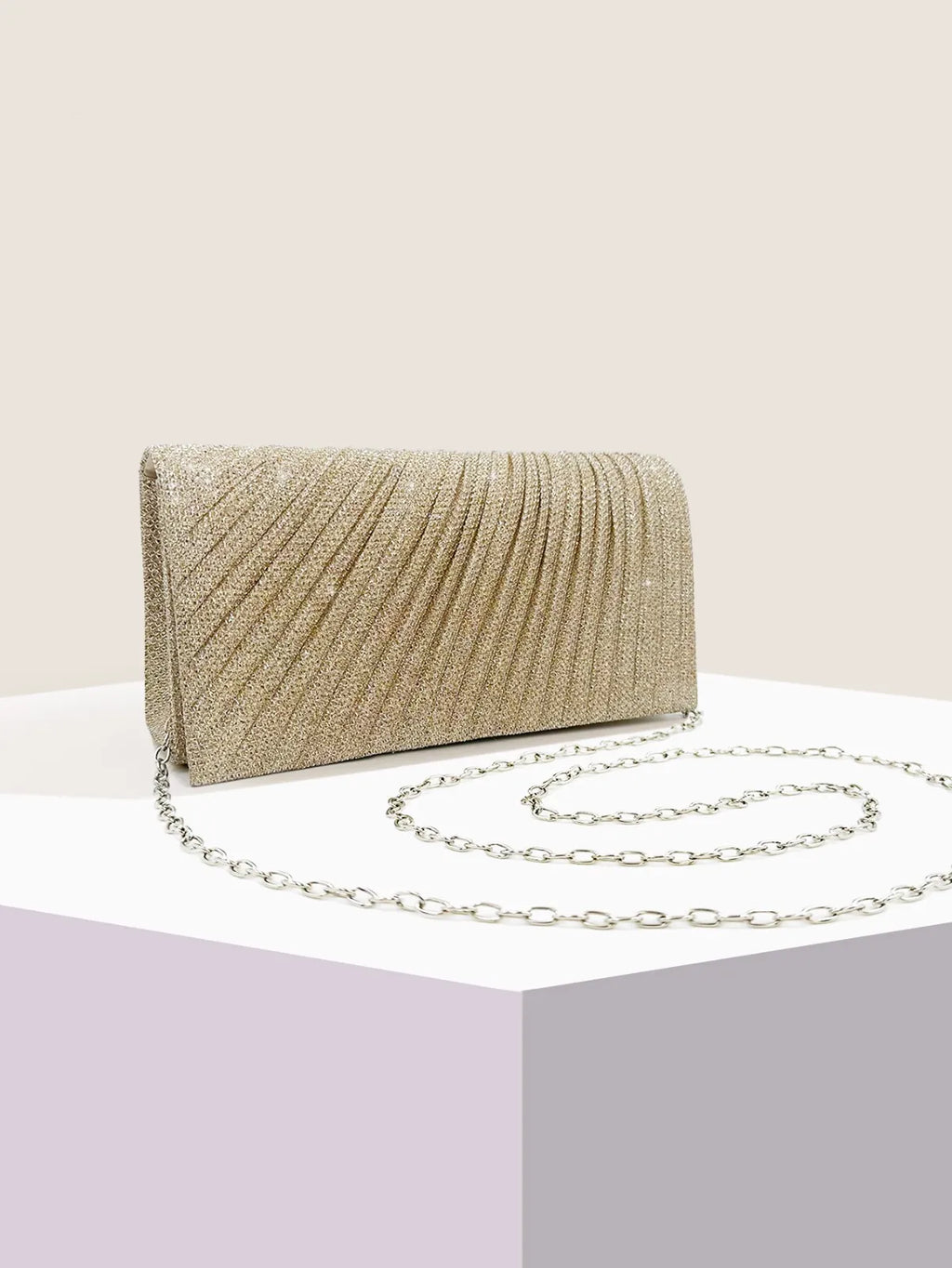 Pochette de soirée femme effet plissé, chaîne amovible, trois coloris, champagne