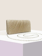 Pochette de soirée femme effet plissé, chaîne amovible, trois coloris, champagne