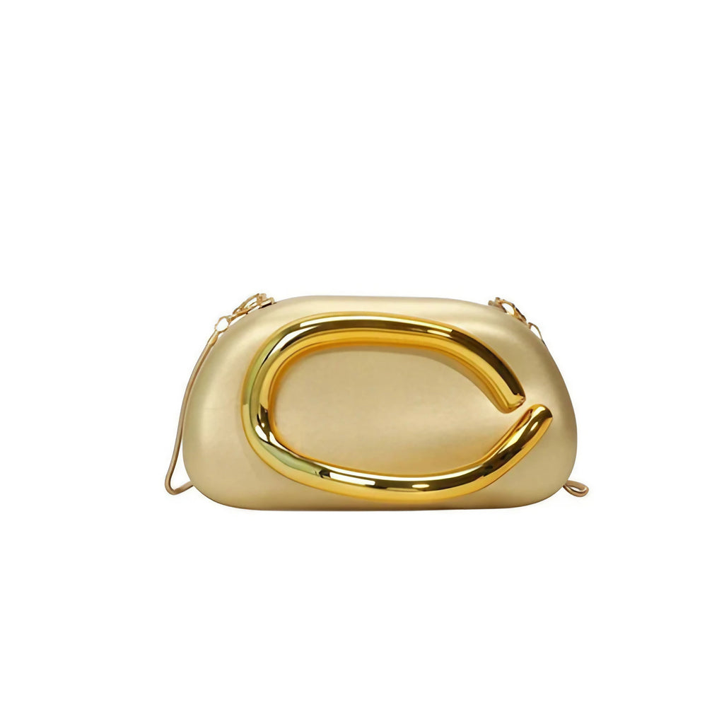 Pochette de soirée femme arrondie, chaîne dorée amovible, doré