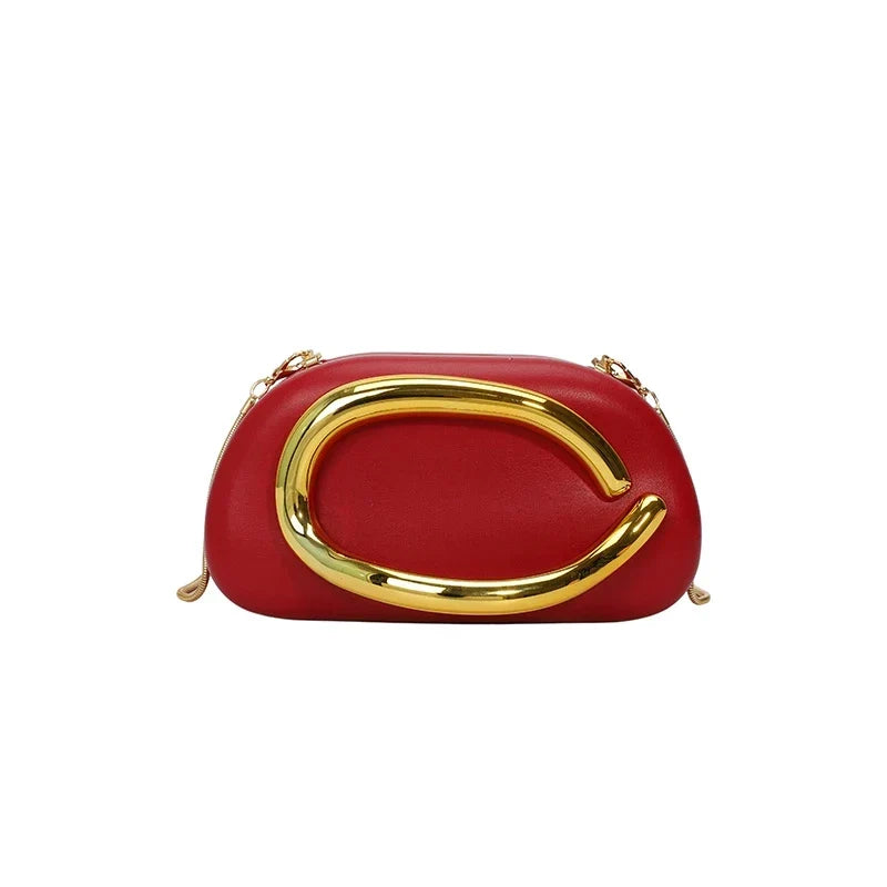 Pochette de soirée femme arrondie, chaîne dorée amovible, rouge