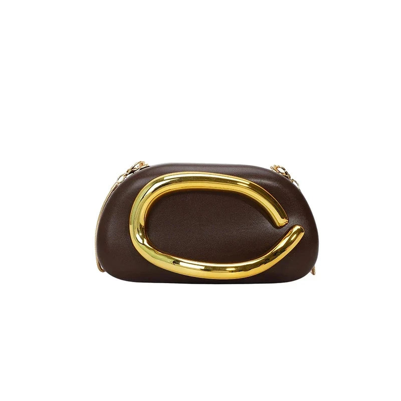 Pochette de soirée femme arrondie, chaîne dorée amovible, café