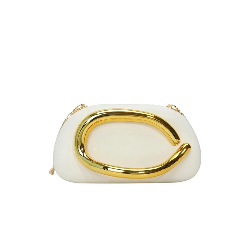 Pochette de soirée femme arrondie, chaîne dorée amovible, blanc