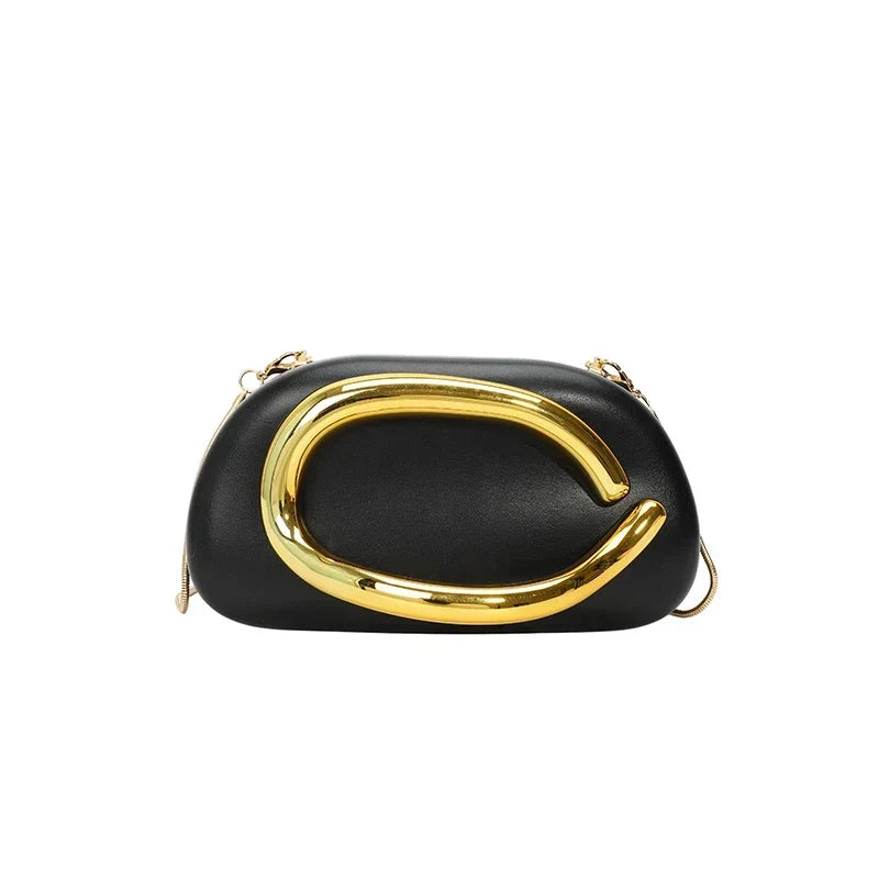 Pochette de soirée femme arrondie, chaîne dorée amovible, noir
