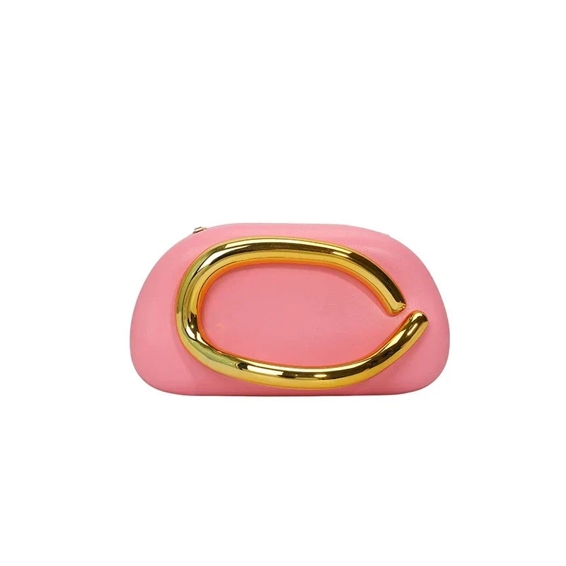 Pochette de soirée femme arrondie, chaîne dorée amovible, rose