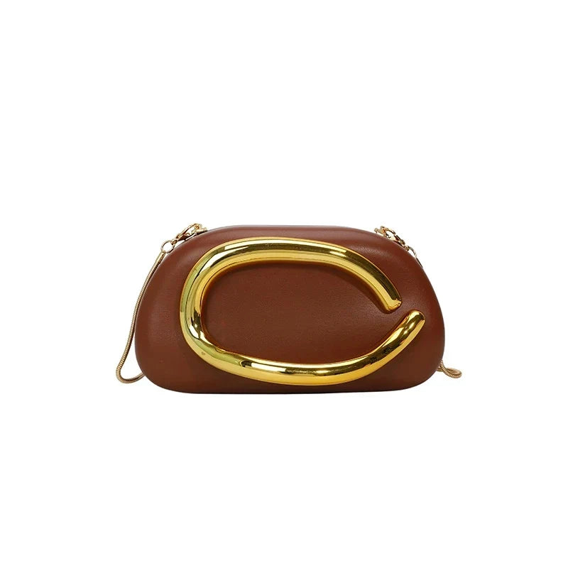 Pochette de soirée femme arrondie, chaîne dorée amovible, marron