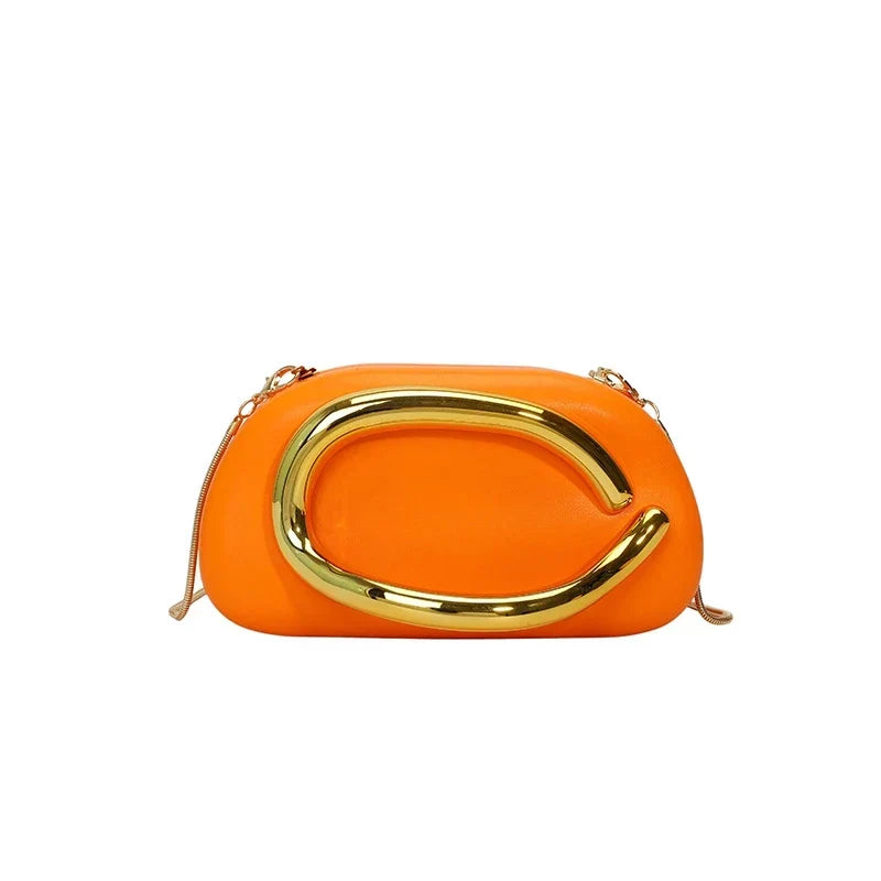 Pochette de soirée femme arrondie, chaîne dorée amovible, orange