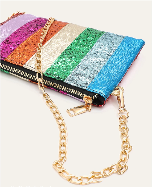 Pochette de soirée à paillettes, chaîne amovible, rose ou multicolore