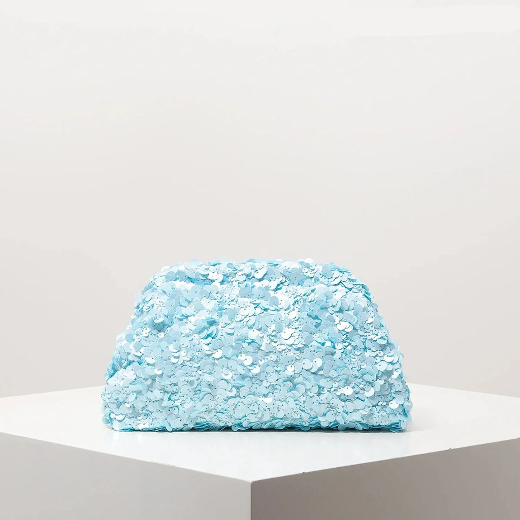 Pochette de soirée femme à sequins, fermoir métallique, bleu