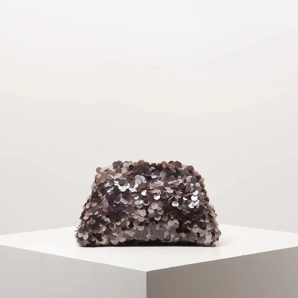 Pochette de soirée femme à sequins, fermoir métallique, gris foncé