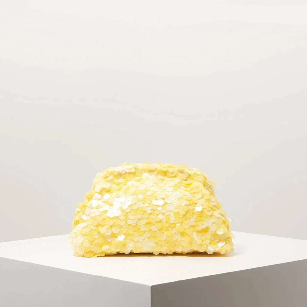 Pochette de soirée femme à sequins, fermoir métallique, jaune