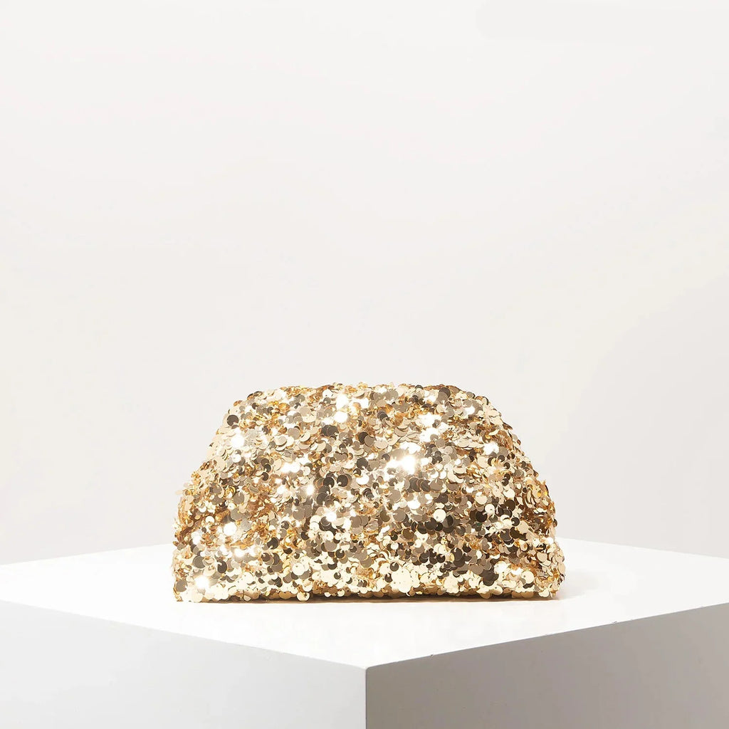 Pochette de soirée femme à sequins, fermoir métallique, doré