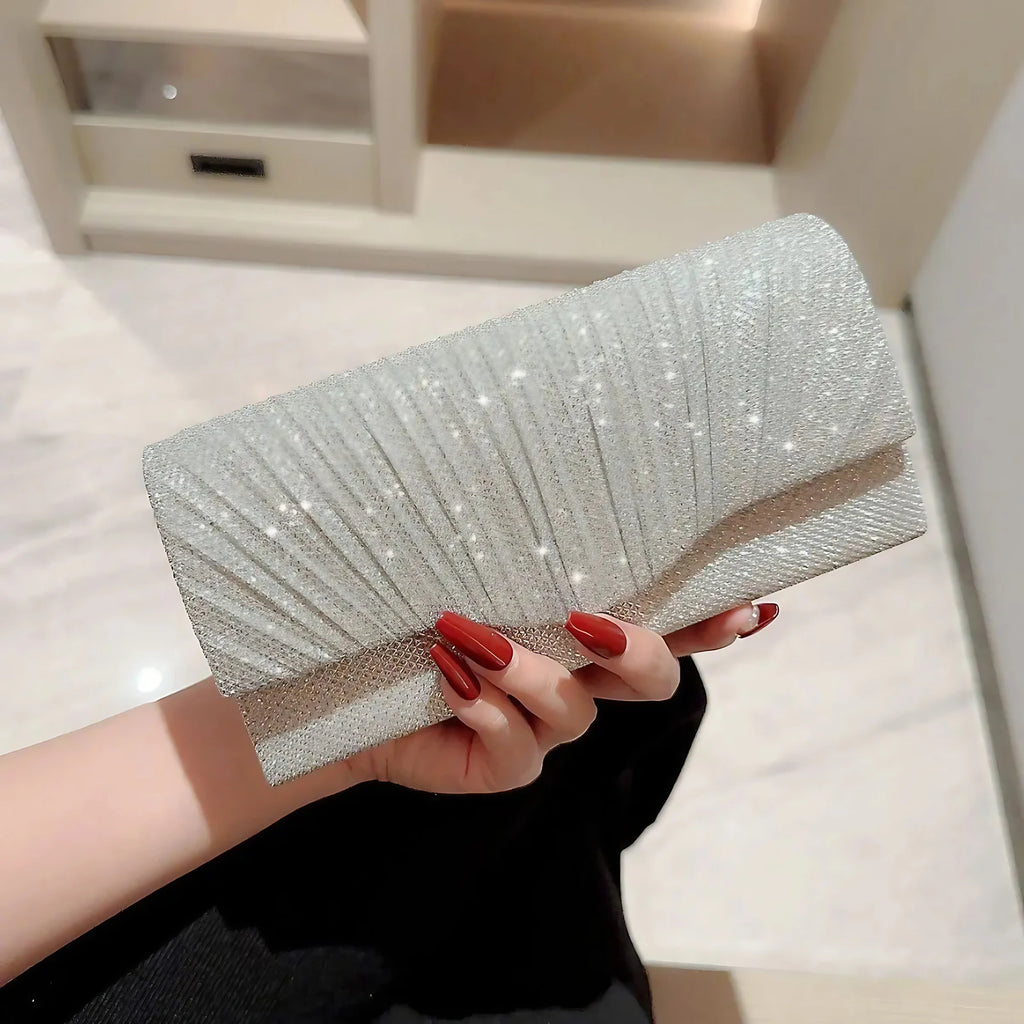 Pochette de soirée femme scintillante, à strass ou argentée, beige