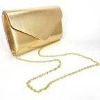 Pochette de soirée femme métallisée, rabat et chaîne amovible, champagne
