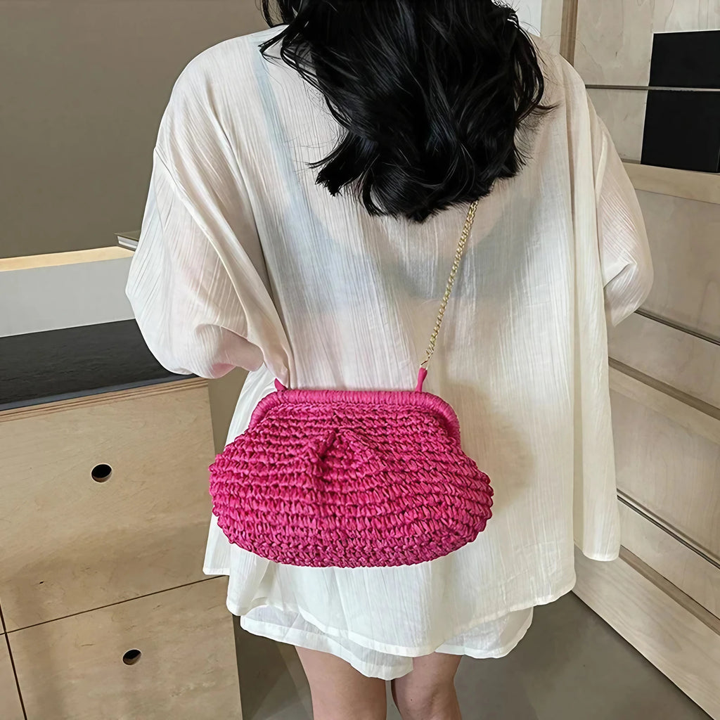 Pochette en paille femme avec chaîne dorée, quatre coloris