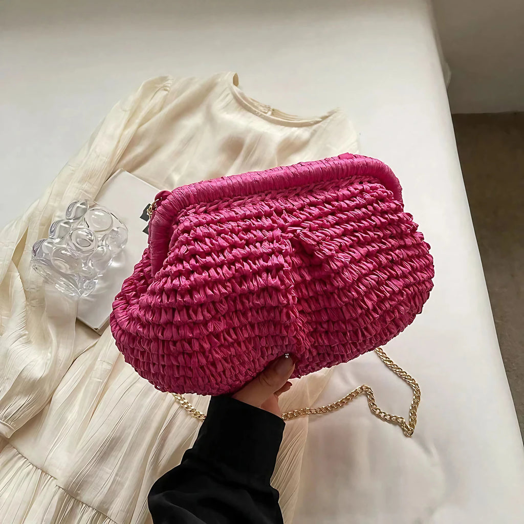 Pochette en paille femme avec chaîne dorée, quatre coloris, rose