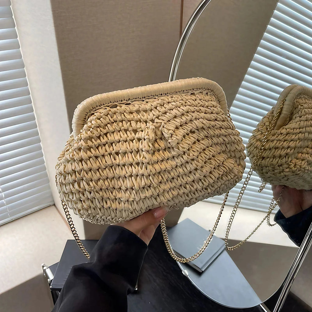Pochette en paille femme avec chaîne dorée, quatre coloris, crème