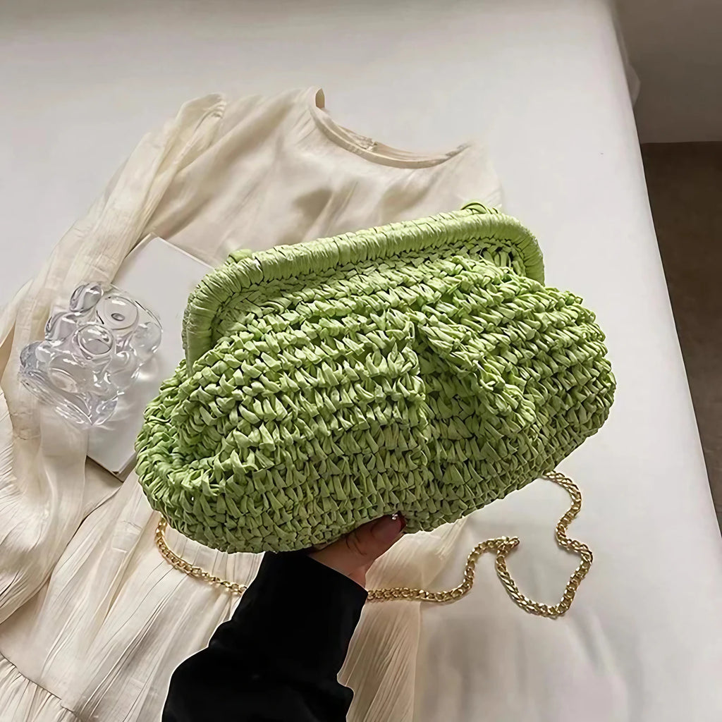 Pochette en paille femme avec chaîne dorée, quatre coloris, vert
