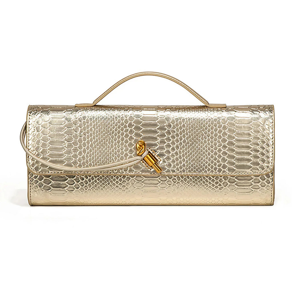 Pochette femme en similicuir effet croco, 26 x 10,5 cm, neuf coloris, doré