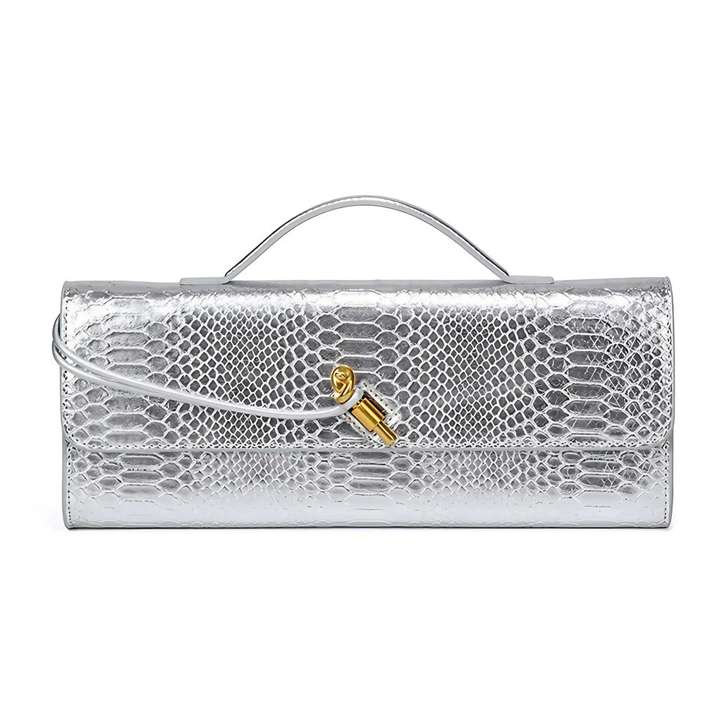 Pochette femme en similicuir effet croco, 26 x 10,5 cm, neuf coloris, argenté