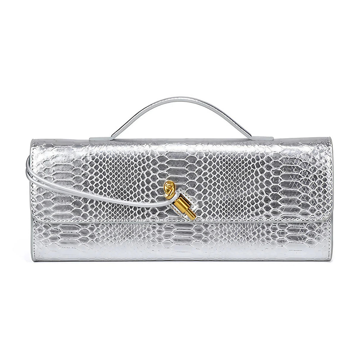 Pochette femme en similicuir effet croco, 26 x 10,5 cm, neuf coloris, argenté
