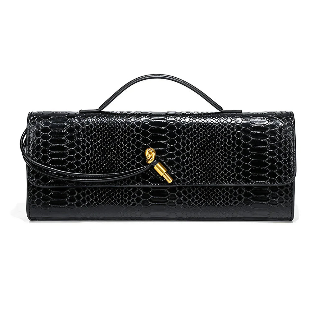 Pochette femme en similicuir effet croco, 26 x 10,5 cm, neuf coloris, noir