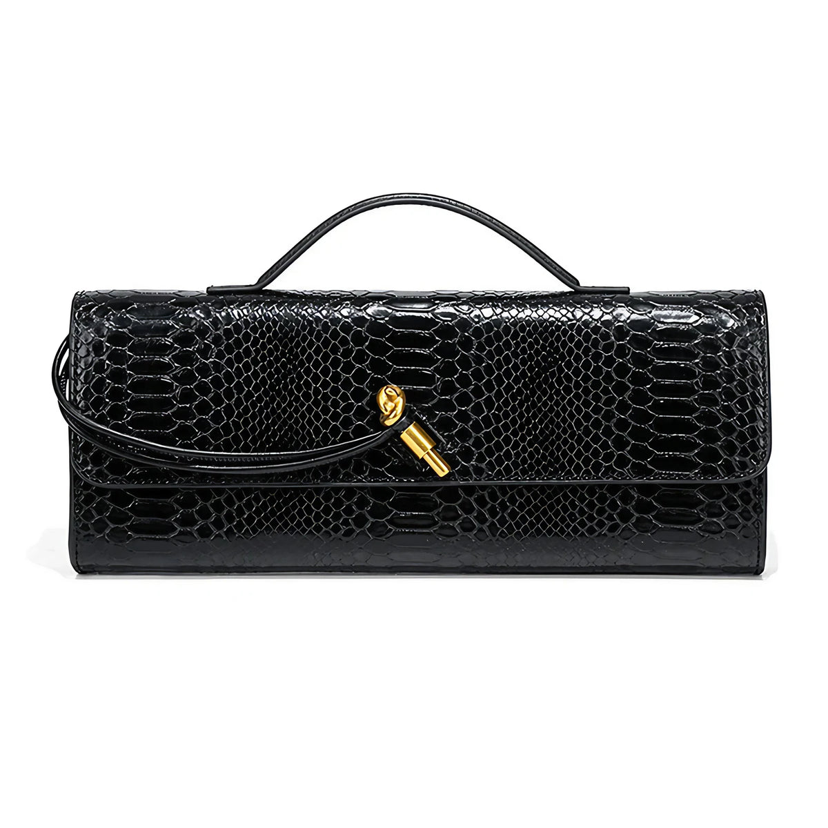 Pochette femme en similicuir effet croco, 26 x 10,5 cm, neuf coloris, noir