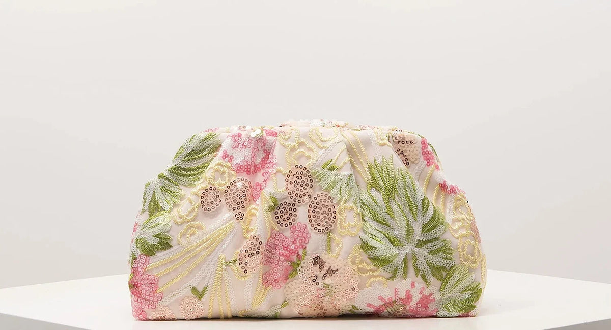 Pochette de soirée à sequins et fleurs brodées, velours, motifs verts