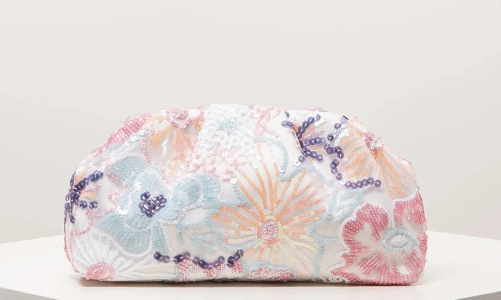 Pochette de soirée à sequins et fleurs brodées, velours, motifs bleus