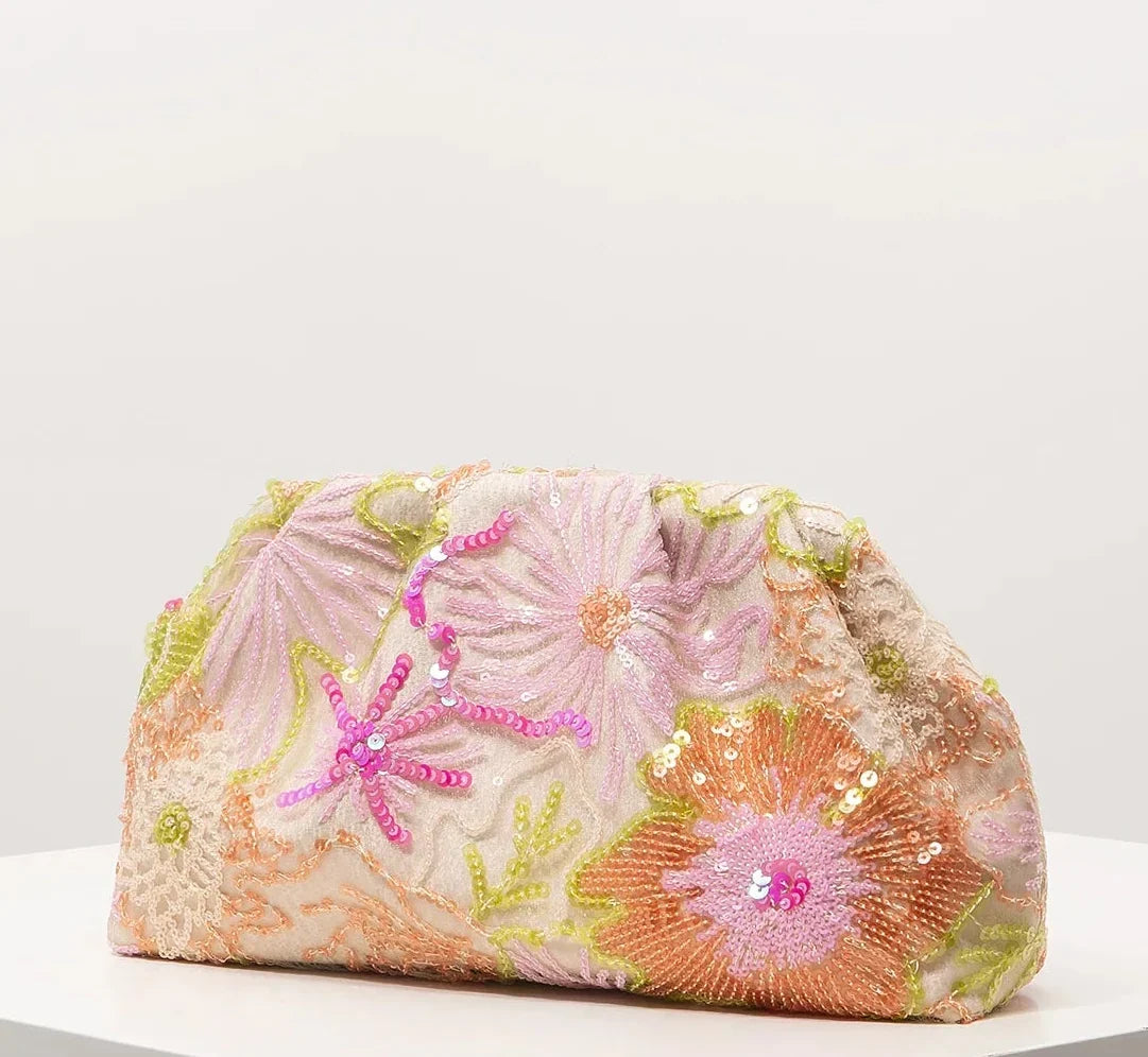 Pochette de soirée à sequins et fleurs brodées, velours, motif fleuri multicolore
