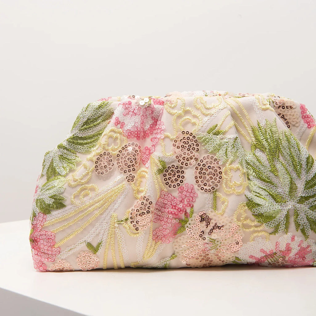 Pochette de soirée à sequins et fleurs brodées, velours