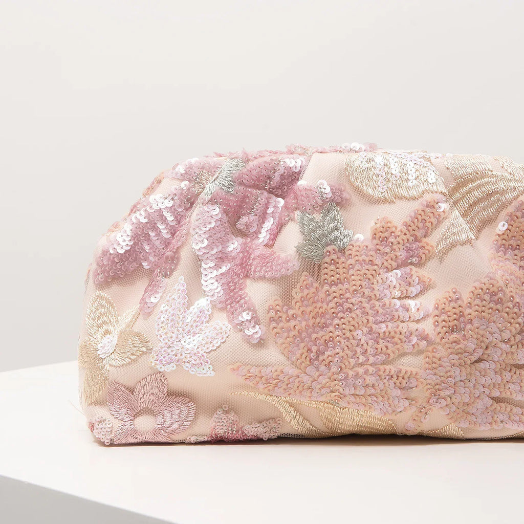 Pochette de soirée à sequins et fleurs brodées, velours