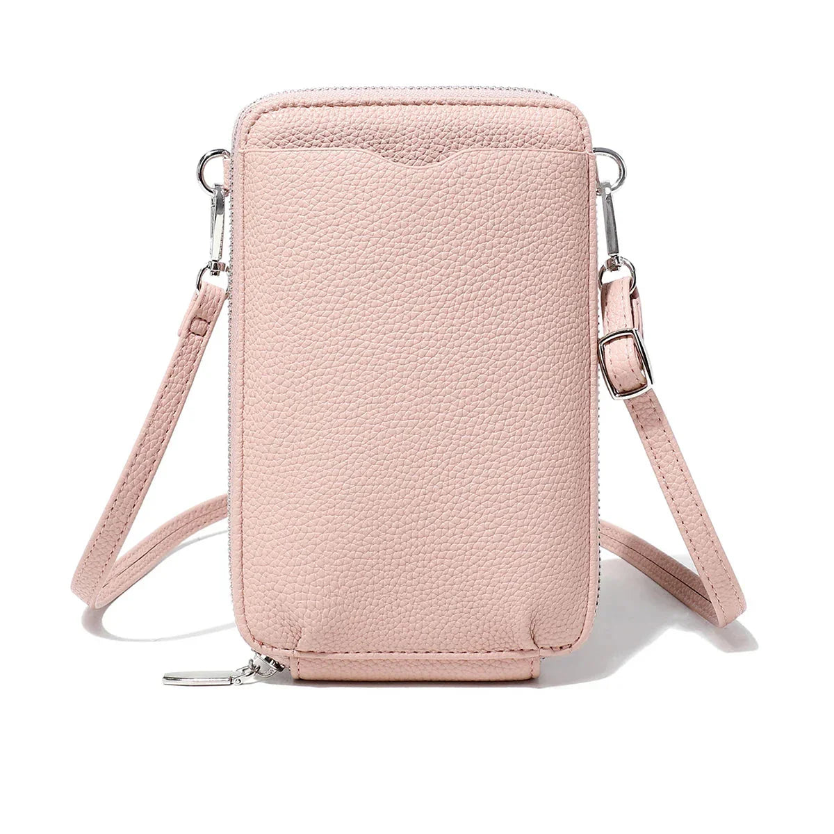 Pochette portefeuille femme en similicuir grainé, bandoulière amovible, rose