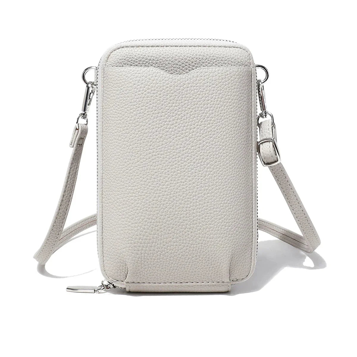Pochette portefeuille femme en similicuir grainé, bandoulière amovible, gris
