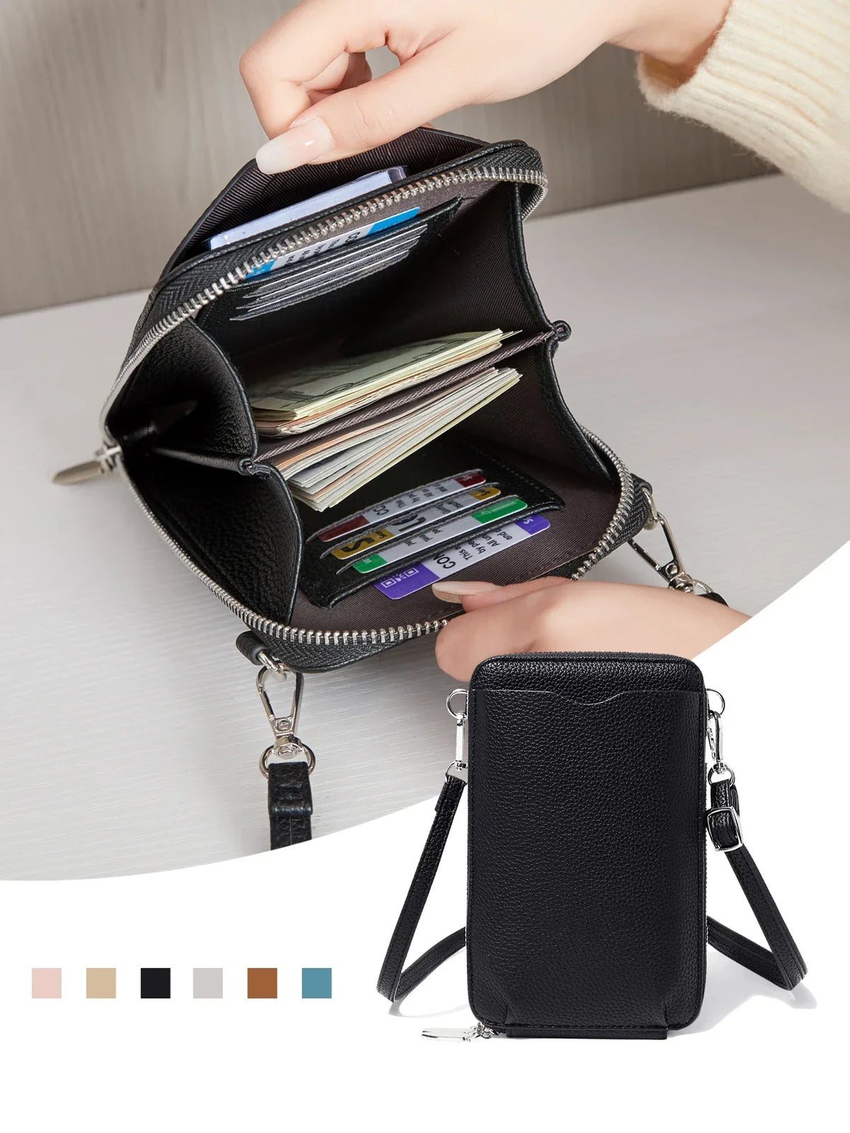 Pochette portefeuille femme en similicuir grainé, bandoulière amovible