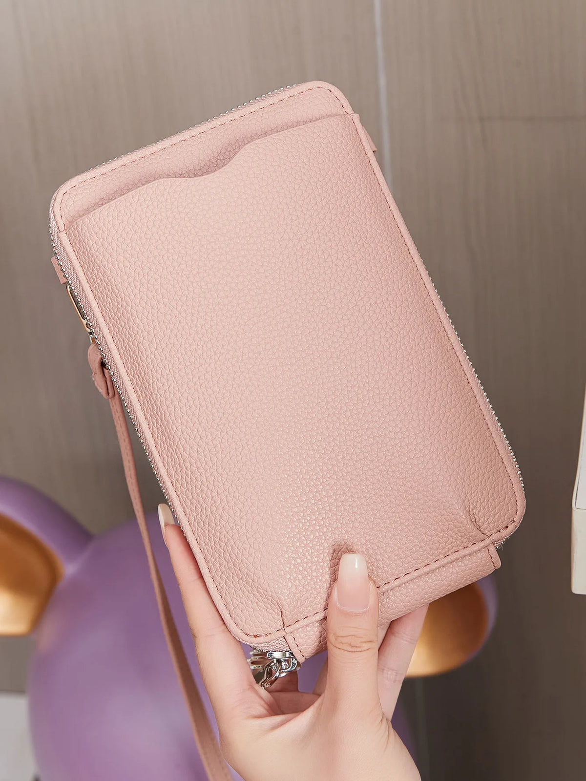 Pochette portefeuille femme en similicuir grainé, bandoulière amovible