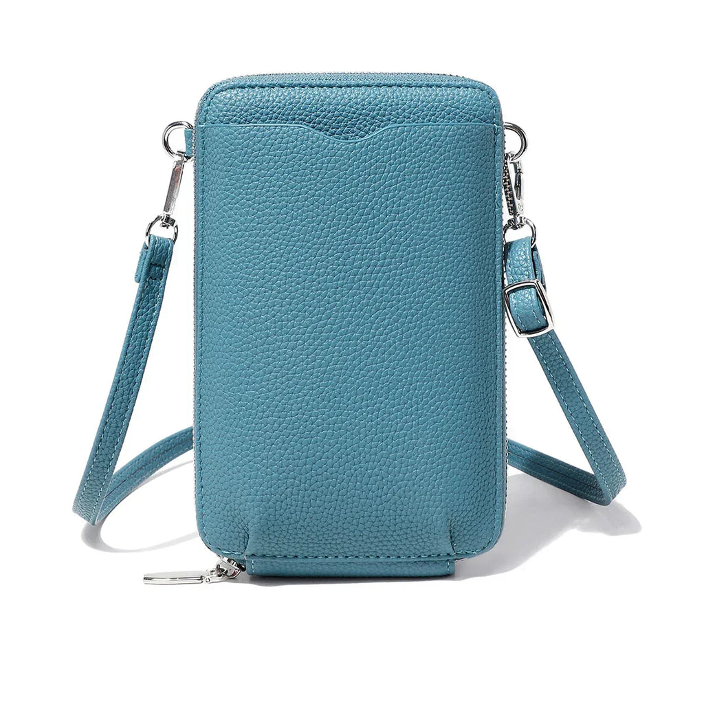 Pochette portefeuille femme en similicuir grainé, bandoulière amovible, bleu