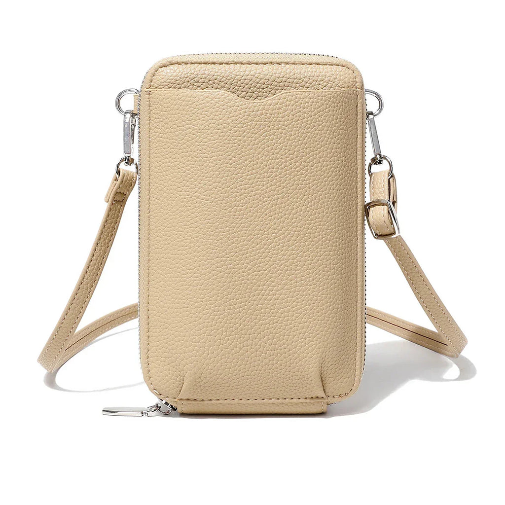 Pochette portefeuille femme en similicuir grainé, bandoulière amovible, beige
