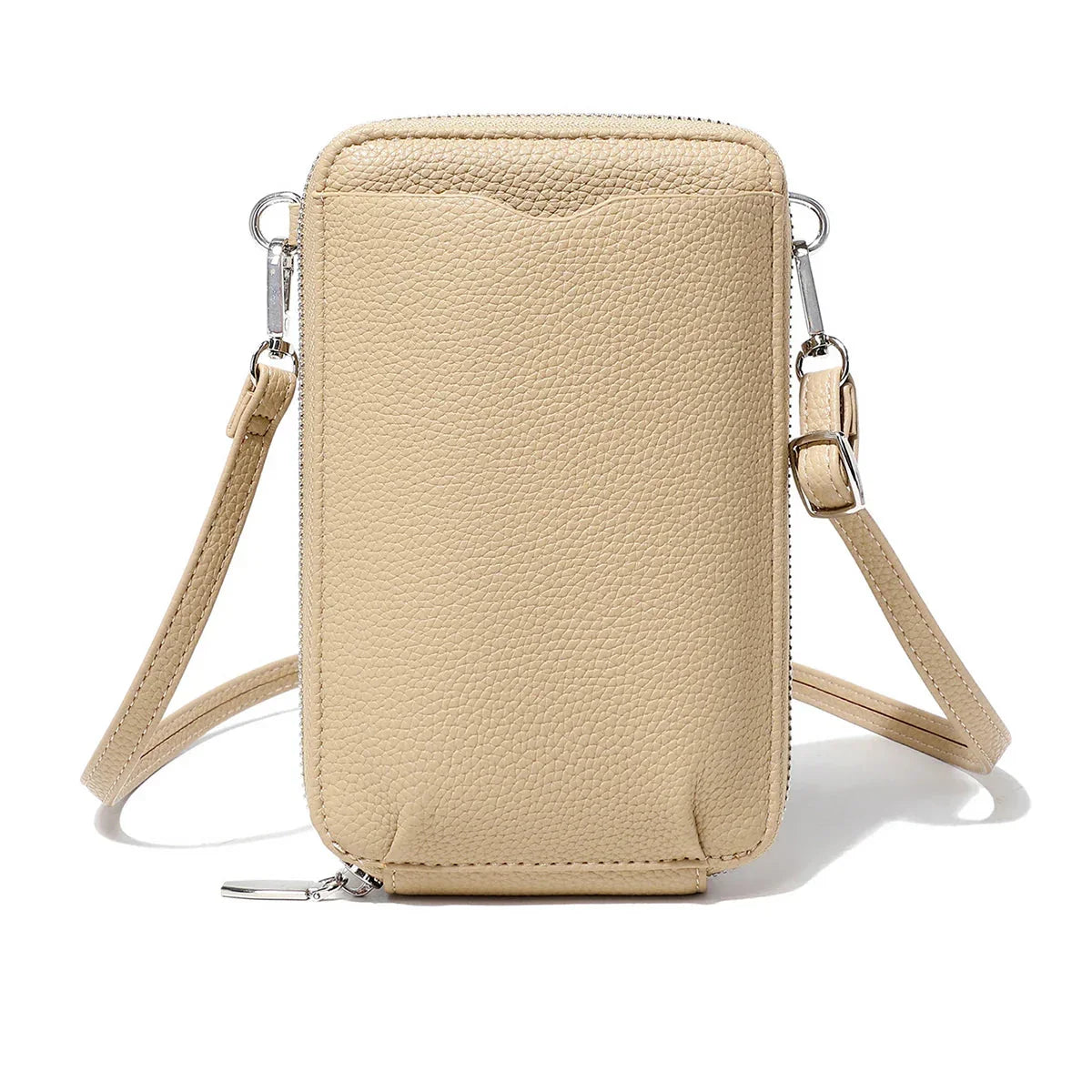 Pochette portefeuille femme en similicuir grainé, bandoulière amovible, beige