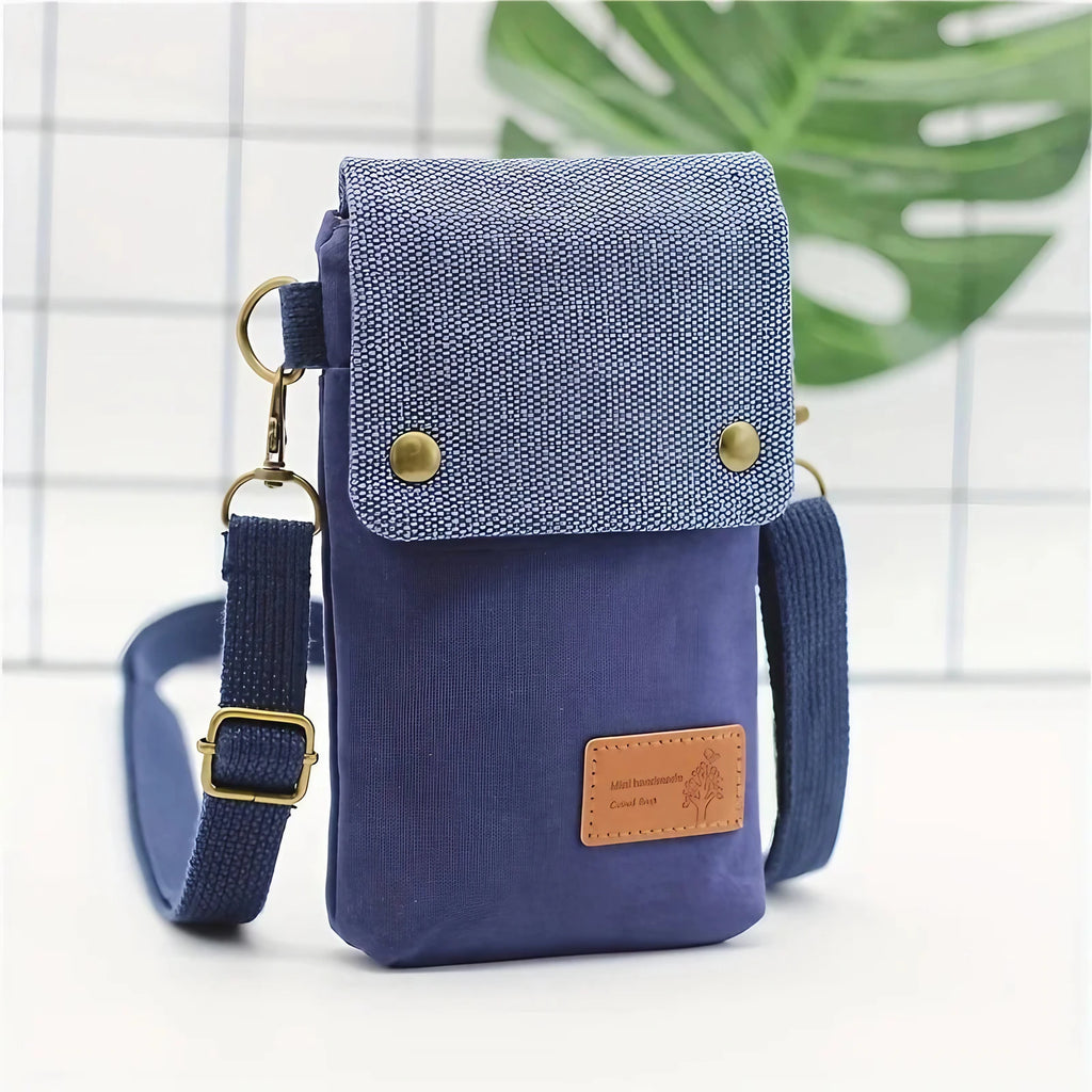 Pochette téléphone en toile à bandoulière amovible, 11 x 17 cm, bleu