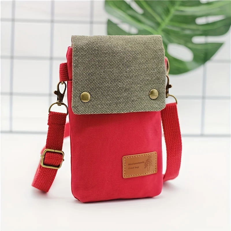 Pochette téléphone en toile à bandoulière amovible, 11 x 17 cm, rose et rouge
