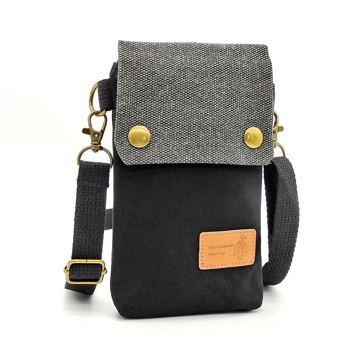 Pochette téléphone en toile à bandoulière amovible, 11 x 17 cm, noir