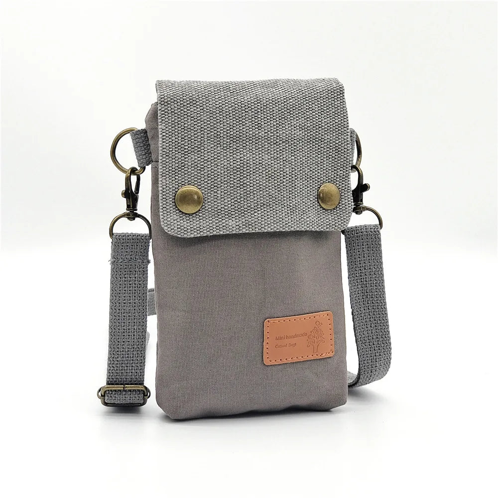 Pochette téléphone en toile à bandoulière amovible, 11 x 17 cm, gris